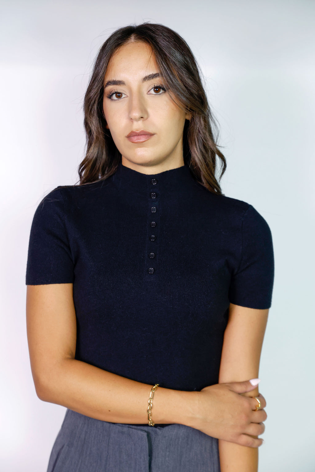 Button-Front  Short Sleeve Knit Top