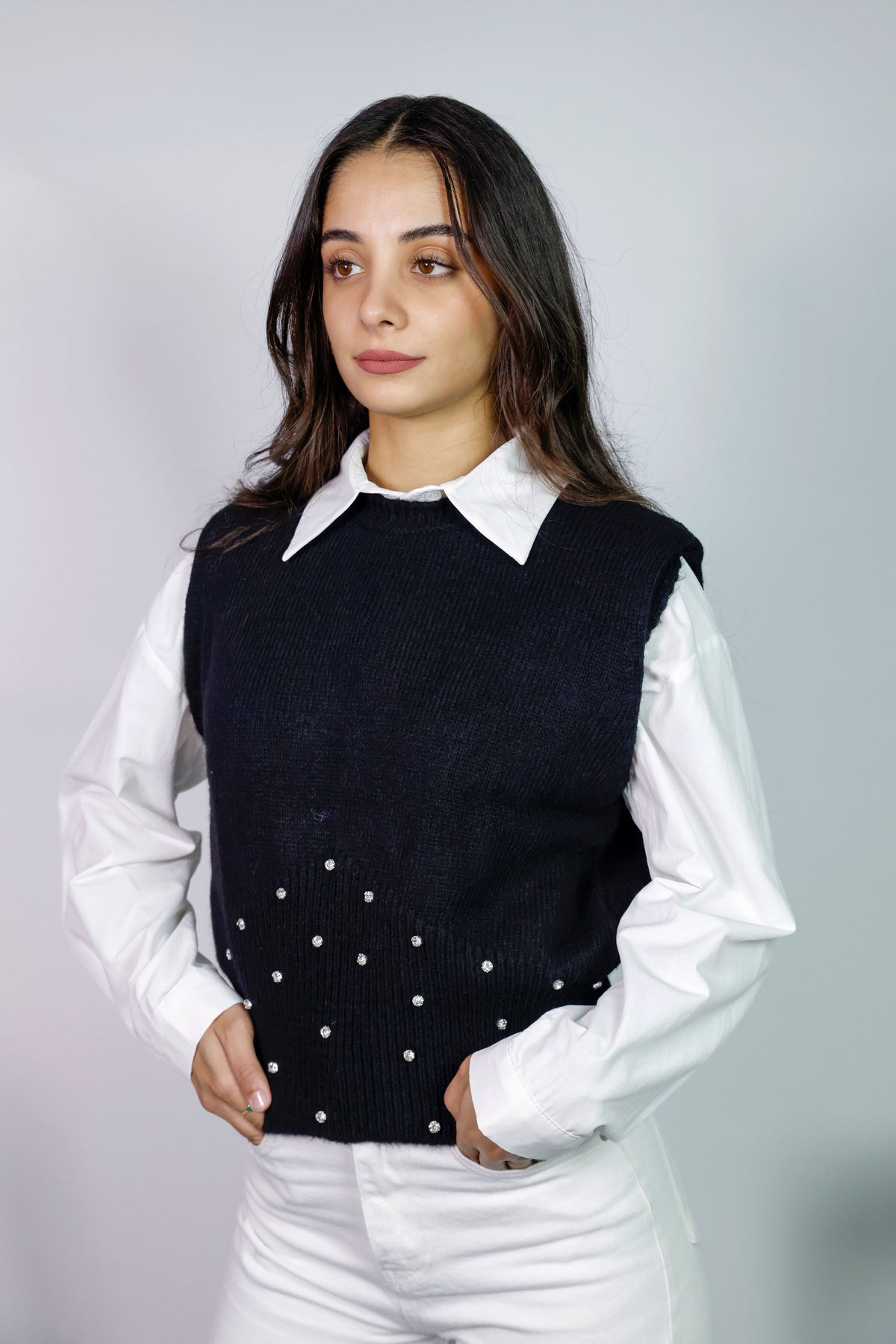 Rhinestone-embellished knit sweater vest
